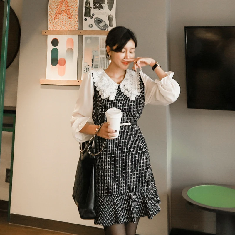 Temperament of qiu dong han edition cultivate one's morality lapel splicing false two-piece waist dress