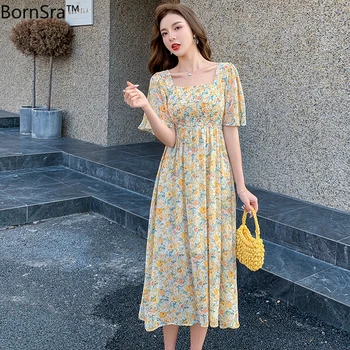 

BornSra 2020 New Korean Japanese Chiffon Dresses Summer New French Dress Square Collar Midi Dress Women