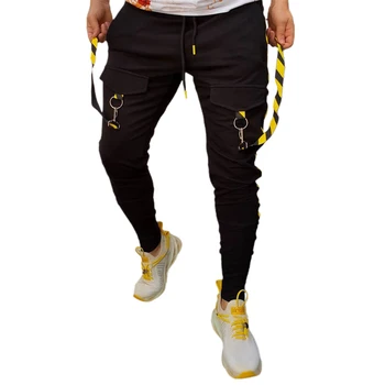 

Men Casual Tapered Sweatpants, Elastic Waist Side Stripe Patchwork Chains Pockets Trousers