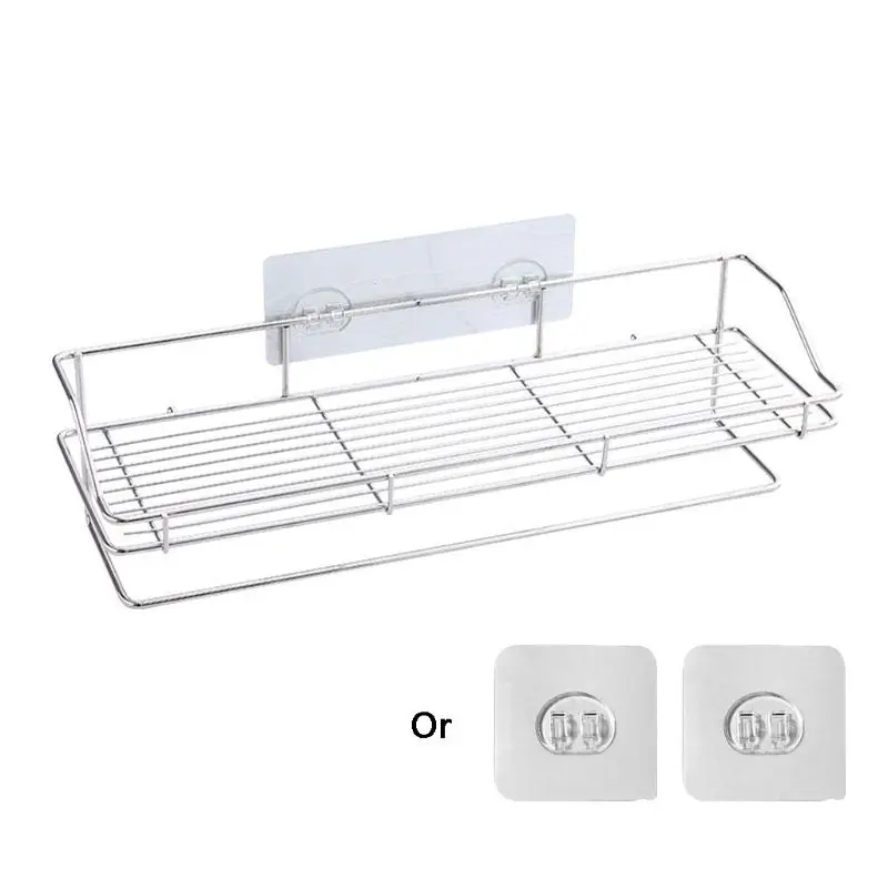 Stainless Steel Adhesive Bathroom Shelf Organizer Shower Storage Basket Holder Home Storage Rack