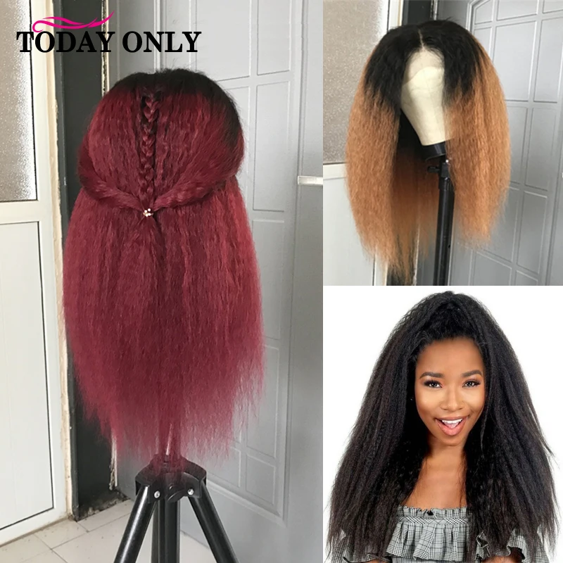 

Yaki Kinky Straight Wig Brazilian Lace Front Human Hair Wigs For Women180% Ombre Human Hair Wigs Plucked 1b/27 1b/burgundy Remy
