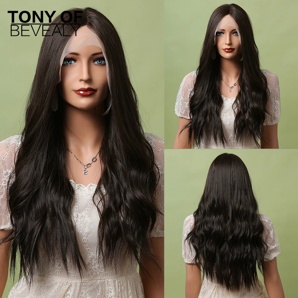 

Glueless Synthetic Lace Wigs Dark Brown Lace Front Wigs for Black Women Cosplay Daily High Temperature Long Natural Wavy Wigs