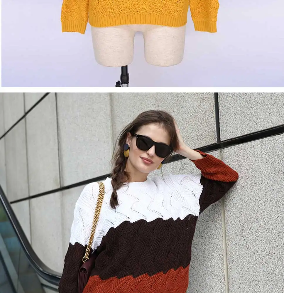 BEFORW, Осень-зима, контрастный цвет, женский свитер, Повседневный, с длинным рукавом, пуловеры для женщин, с круглым вырезом, вязаные топы, женский джемпер, мягкий