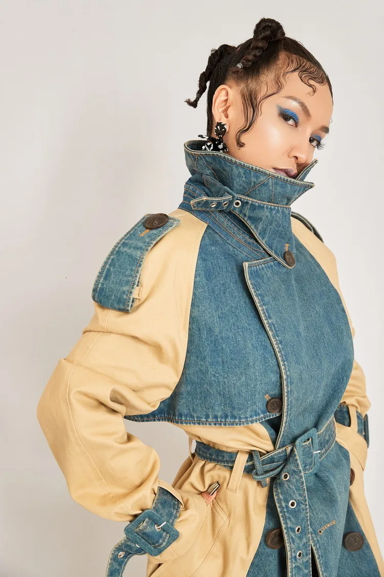 Fashion Tide New turn-down Collar Full Sleeves Denim Patchwork Kahki Color Contrast Waist Belts Female Windbreaker WJ29515L
