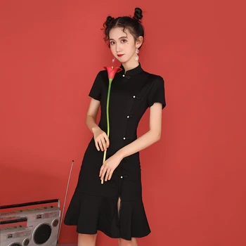 

Chinese Dress Vintage Black Women Oriental Robe Cheongsam Modern Qipao Female Elegant Casual Party Short Sleeve Clothes Dresses