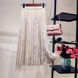 Бархатные сетчатые плиссированные женские макси юбки осень корейский стиль печати бархат высокая талия кружевная длинная юбка