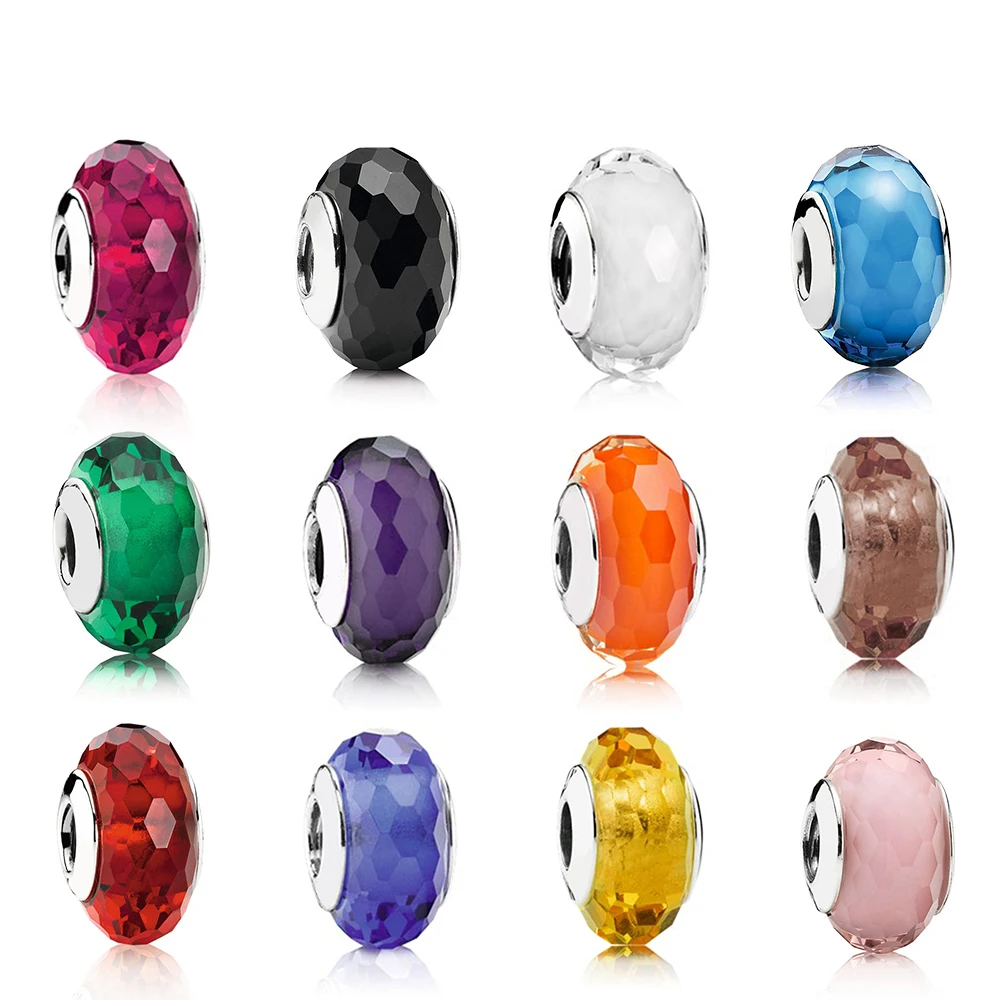 

2019 100% 925 Sterling Silver Charm Faceted Glass Beads Purple Red Yellow Blue Green Pink Suitable DIY Bracelets