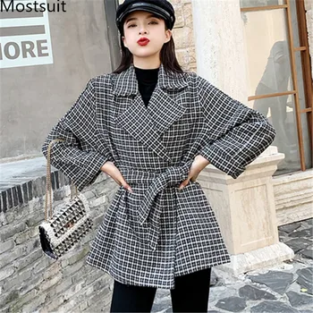 

Vintage Houndstooth Woolen Suit Coat Jacket 2019 Winter Turn-down Collar Belted Loose Fashion Korean Tops Coats Women Clothes