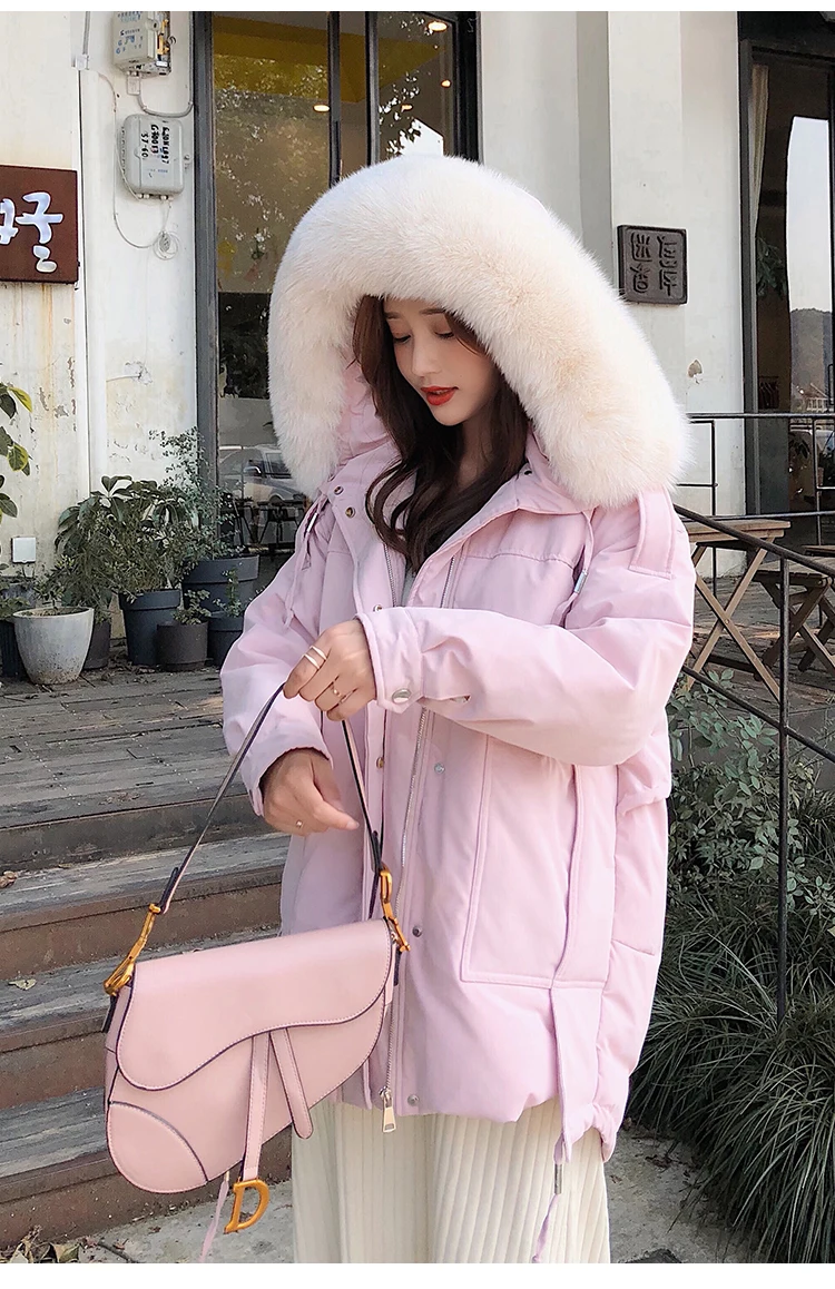 Большой размер, зимняя куртка-пуховик с воротником из натурального Лисьего меха, женское Свободное пальто, женская белая пуховая Толстая теплая парка, куртки в стиле Харадзюку розового цвета