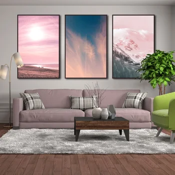 

Pink Sunset Hanging Wall Art Seaside Snow Mountain Sky Airplane Canvas Paintings Home Decor Poster for Living Room Bedroom