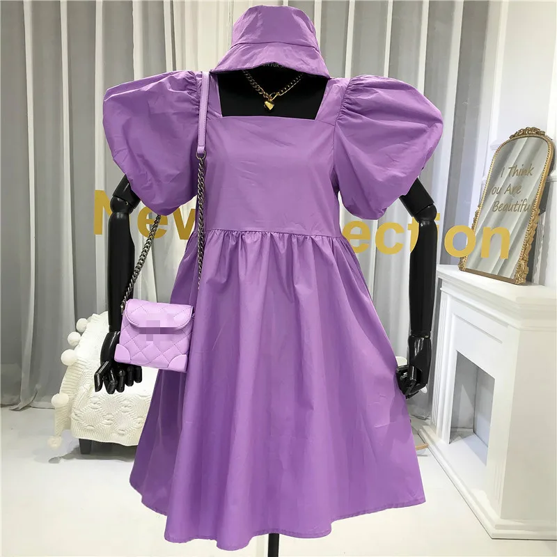 Neploe Dress Women French Square Collar Puff Sleeve Ladies Vestidos Summer 2020 Elegant Slim Waist Female Dresses with Hat 1D782