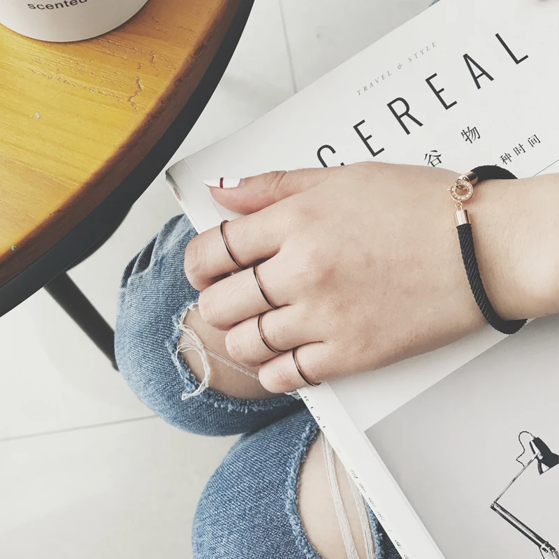 Black Enamel Thin Tail Rings Rose Gold Color Fashion Titanium Steel Finger Ring for Woman