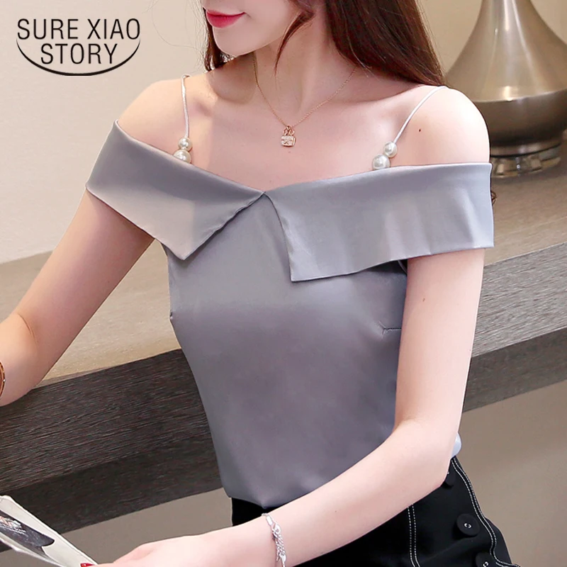 

2021 Summer Office Lady Sleeveless Solid Pullover Shirt Women New Style Casual Off-Shoulder Chiffon Blouse Beading Women 8684 50