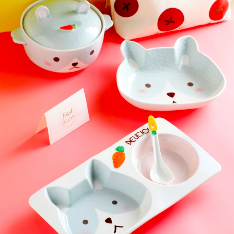 Children Cartoon Dinner Plate Dishes Plates Sets Salad Breakfast Cereal Fruit Bowl Soup Noodle Tableware Spoon | Дом и сад