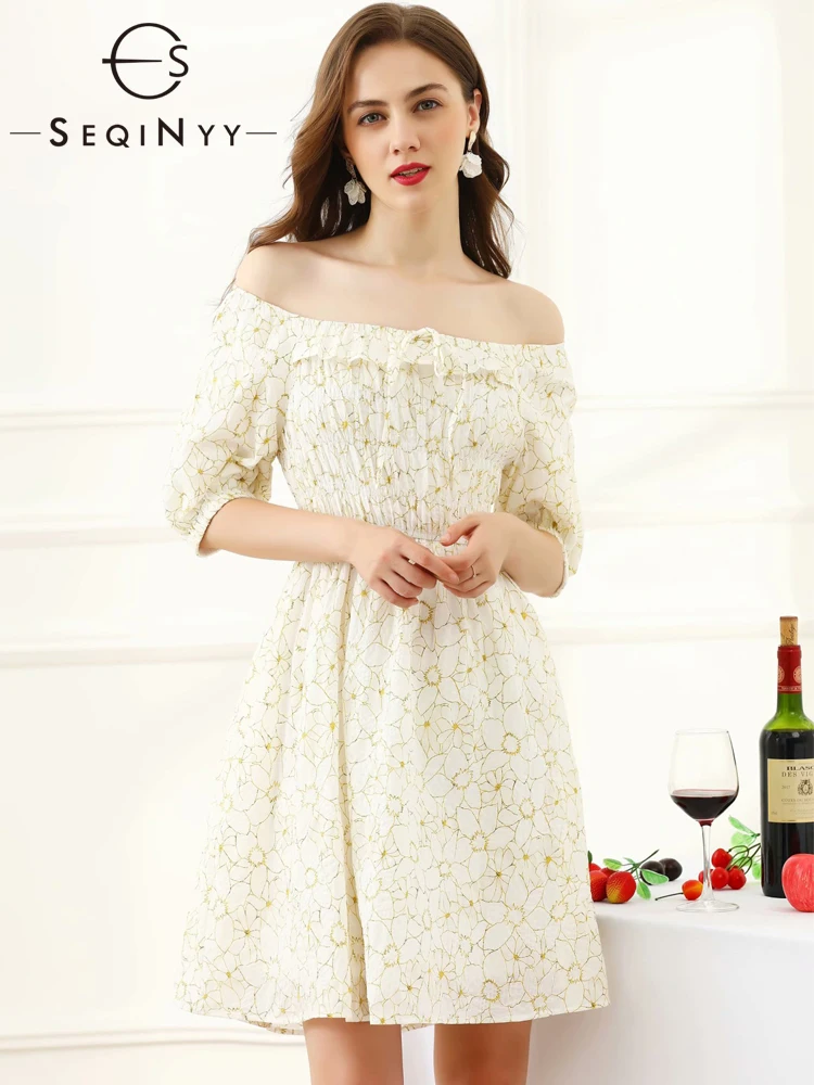 

SEQINYY Holiday Dress 2020 Summer Spring New Fashion Design Short Sleeve Golden Flowers Print Bow White Dress Casual