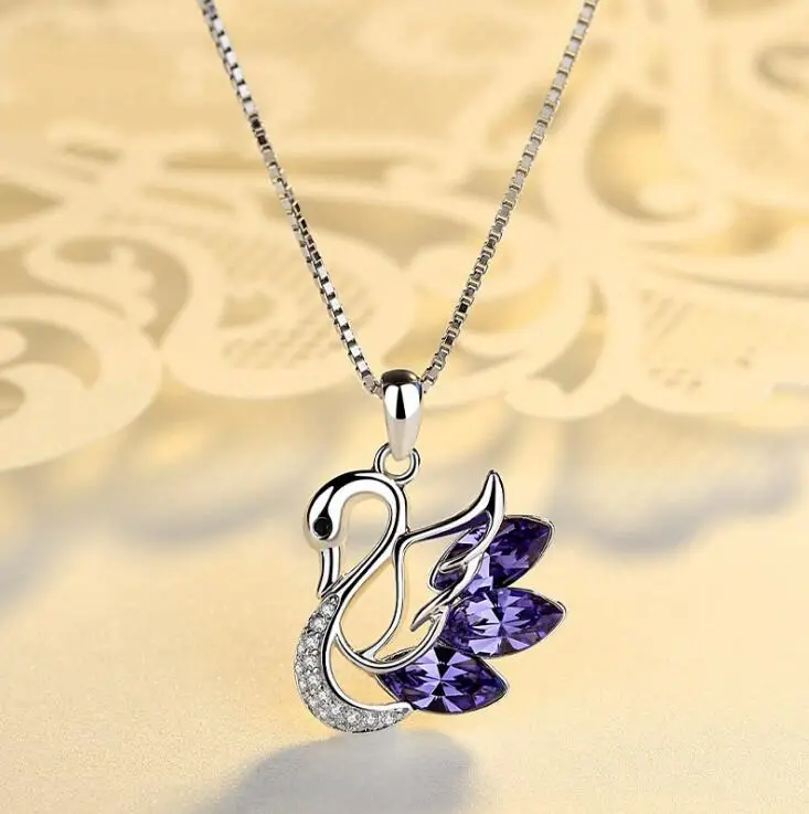 Новая мода, простое серебряное ожерелье с подвеской в виде лебедя для женщин, AAA циркон, дикая цепочка на ключицу, свадебное, обручальное, Очаровательное ожерелье, подарок - Окраска металла: Purple