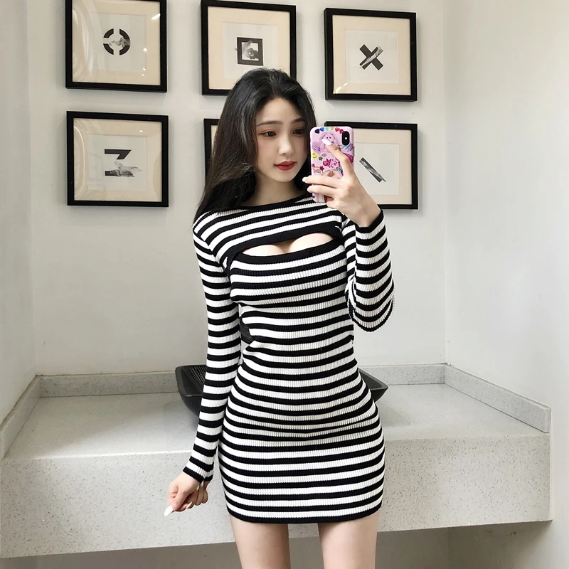 knit two piece set striped 2024 New Women Crop Top Spaghetti Strap Sexy Bag Hip bodycon dress Suits Autumn Korea Casual Knitted