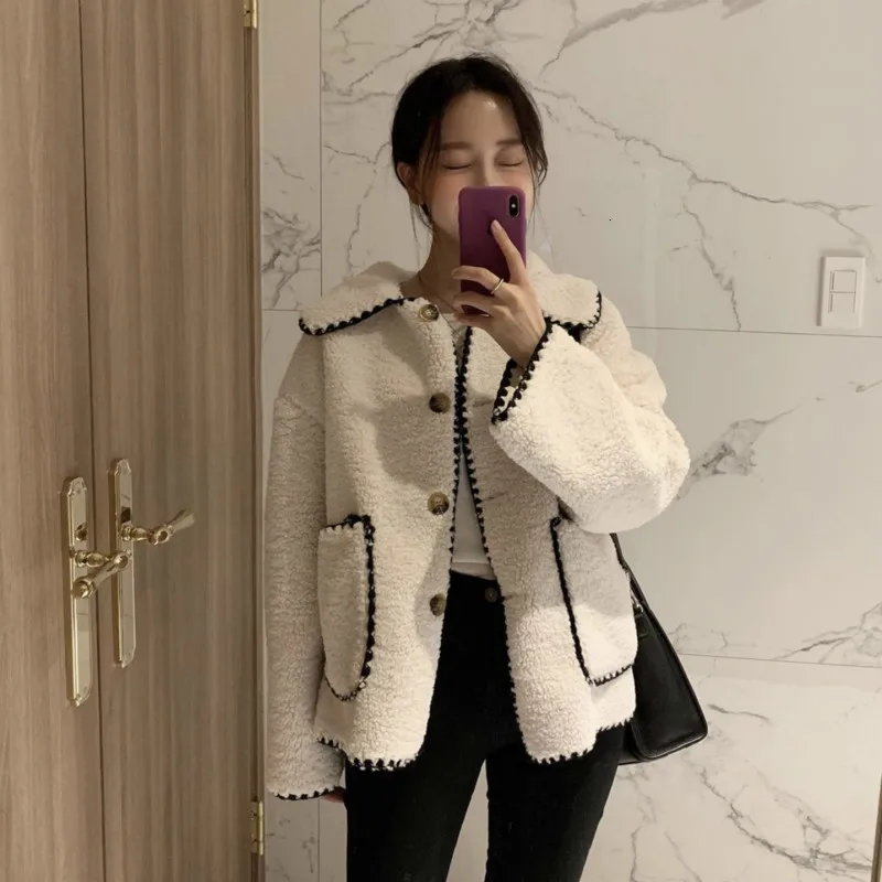 Goede Vrouwen winter vintage turn down kraag lambwool jas dames Tand bloem lange mouw korte wollen jas jasje warme uitloper