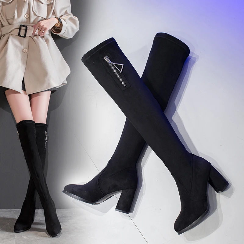 

Plus Size 35-50 Nice Pop Over The Knee Boots Women Autumn Flock Triangle Zipper Shoes Woman High Heels Sexy Ladies Fashion Boot