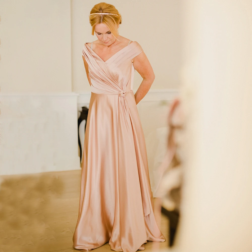 

Off The Shoulder Satin Ruched Evening Dress A Line Drop Ship Plus Size Maxi Length Blush Pink V Neck Wedding Photoshoot Gowns