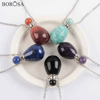 

Amazonite Lapis Perfume Bottle Necklace Gems Stone Crystal Necklace Essential Oil Bottle Connector Silver Color Necklace WX1608