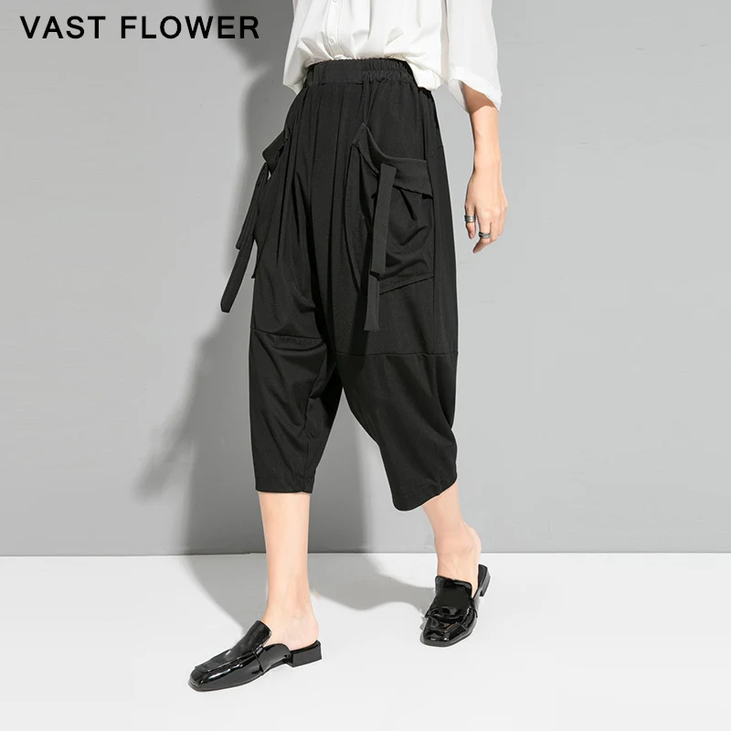 

Ribbon Spliced Pocket Black High Elastic Waist Harem Pants Women New Vintage Loose Casual Pants 2021 Summer Fashion Streetwear