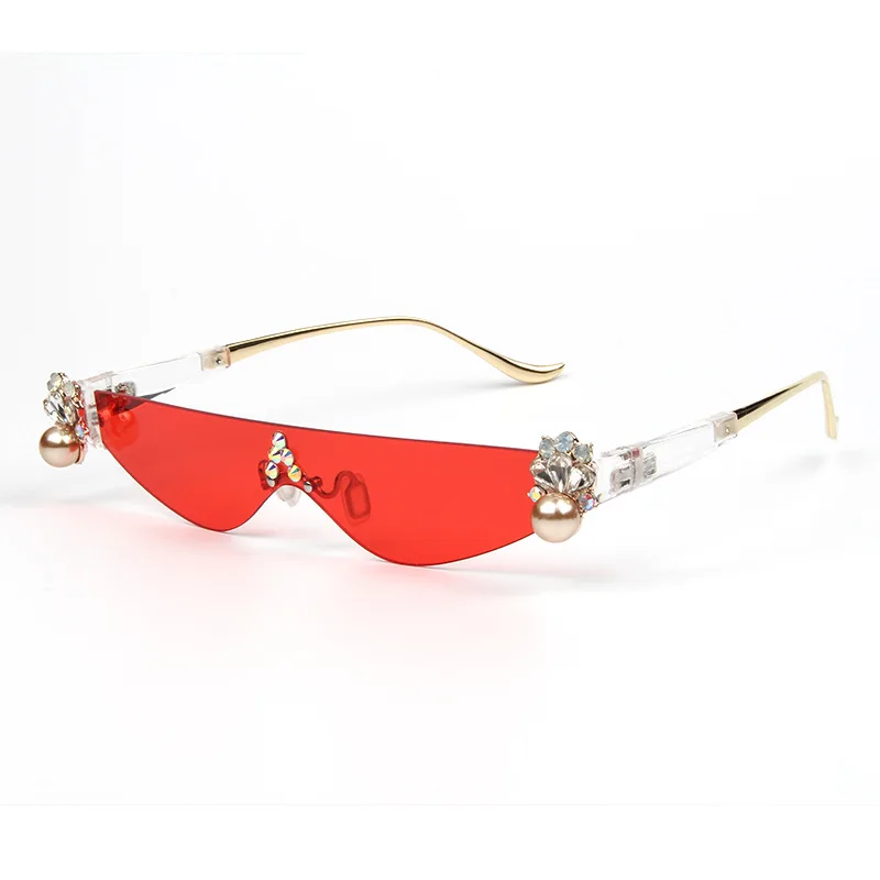 Роскошные Винтажные Солнцезащитные очки с кошачьим глазом, украшенные бриллиантами и жемчугом, треугольные солнцезащитные очки без оправки, солнцезащитные очки со стразами для женщин, женские очки - Цвет линз: C3Red