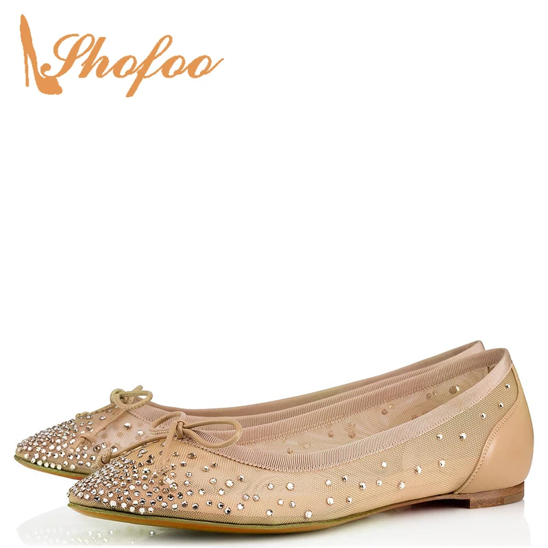 

Black Nude Mesh Butterfly-Knot Crystal Rhinestone Pointed Toe Flats Loafers Bow Woman Wedding Bride Shoes Elegant Big Size 12 42