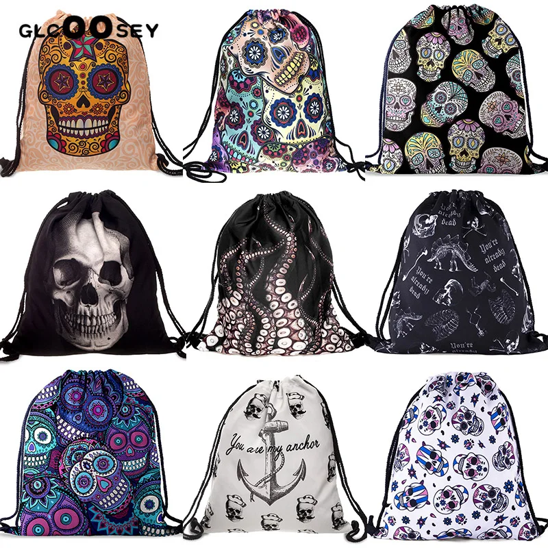 Bolsa con cordón de impresión 3D, bolso de viaje de lona con dibujo de Calavera, diseño de pulpo, mochila gótica Harajuku, mochila escolar