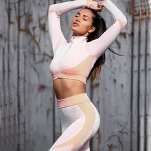 Winter Women Yoga Set 2Pcs Sports Suits Seamless Gym Leggings Long Sleeve Crop Top Jacket Fitness Clothes Sportswear Tracksuit