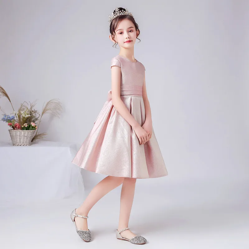 Pink Shining Satin Flower Girl Dresses Short Wedding Birthday Party Gown Cap Sleeve Girls Princess Formal Pageant Gowns Bowtie