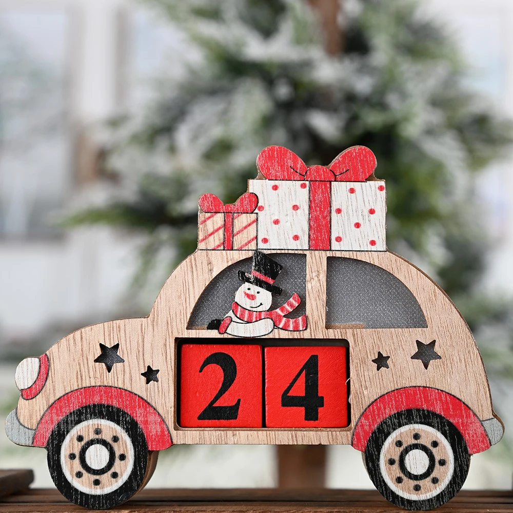Christmas Advent Countdown Calendar Wooden Santa Claus Snowman Reindeer Pattern With Painted Blocks Holiday Home Ornament Decor