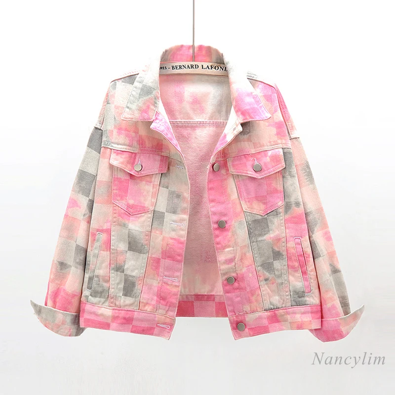

2020 Sping Fall New VLong Sleeves Tie-Dyed Colored Print Denim Jacket Women's Short Loose Korean Style BF Pink Jeans Coat