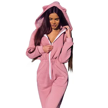 

Streetwear Hoodies Jumpsuit Rompers Women 2019 Long Sleeve Autumn Winter Zipper Loose Europe and America Style Pink Black Outfit