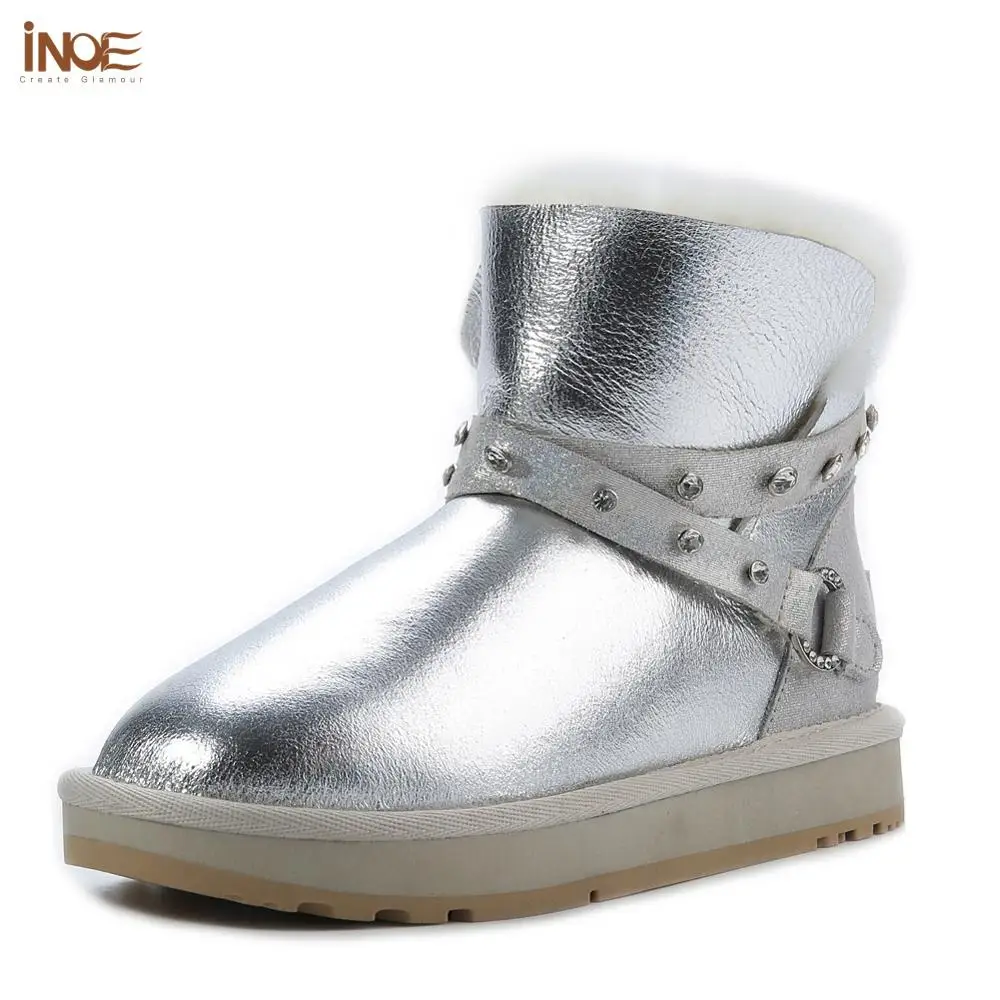 INOE Водонепроницаемые Короткие Зимние ботильоны из овечьей кожи с меховой подкладкой женские зимние ботинки  серебристый ремешок с кристаллами теплые модные удобные зимние полусапоги нескользащая плоская подошва-in Теплые сапоги from Обувь on AliExpress 