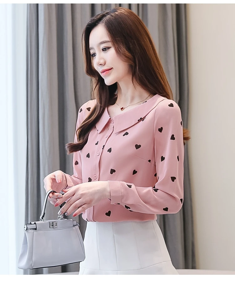 Повседневная розовая Женская одежда нового размера плюс, женская блузка с длинным рукавом, осень, офисные женские шифоновые блузки с принтом 6263 50 - Цвет: Розовый