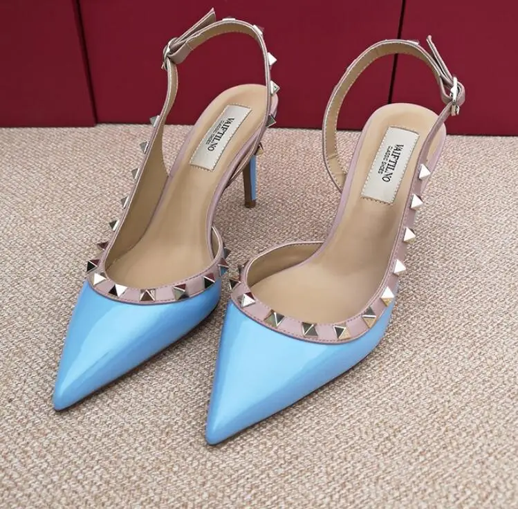 light blue shiny Классические Брендовые женские босоножки на высоком тонком каблуке 6 см из черной лакированной кожи с заклепками, красные свадебные туфли 34-43 коробка - Цвет: light blue shiny