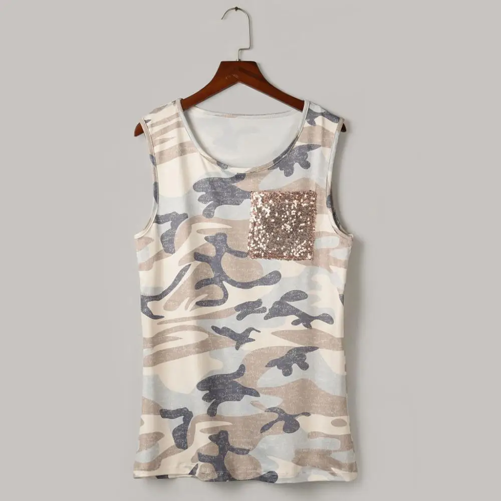 Camouflage Женская модная летняя майка без рукавов с блестками и карманом спереди с камуфляжным принтом - Цвет: Camouflage