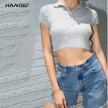 

2019 Sexy crop sweater women pullover summer ribbed cropped sweater kawaii polo shirt women white knitted sweater streetwear
