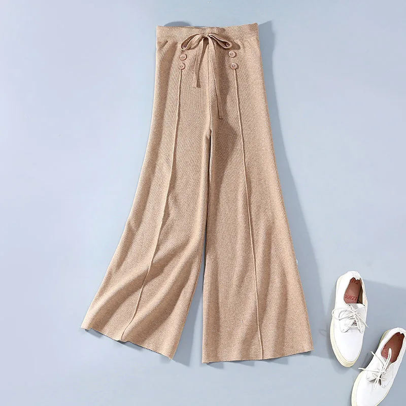 

Knitted Pants Women Autumn Winter 2019 Fashion Simple Solid Color Elegant Buttons Wide Leg Pants Ankle Length S-L