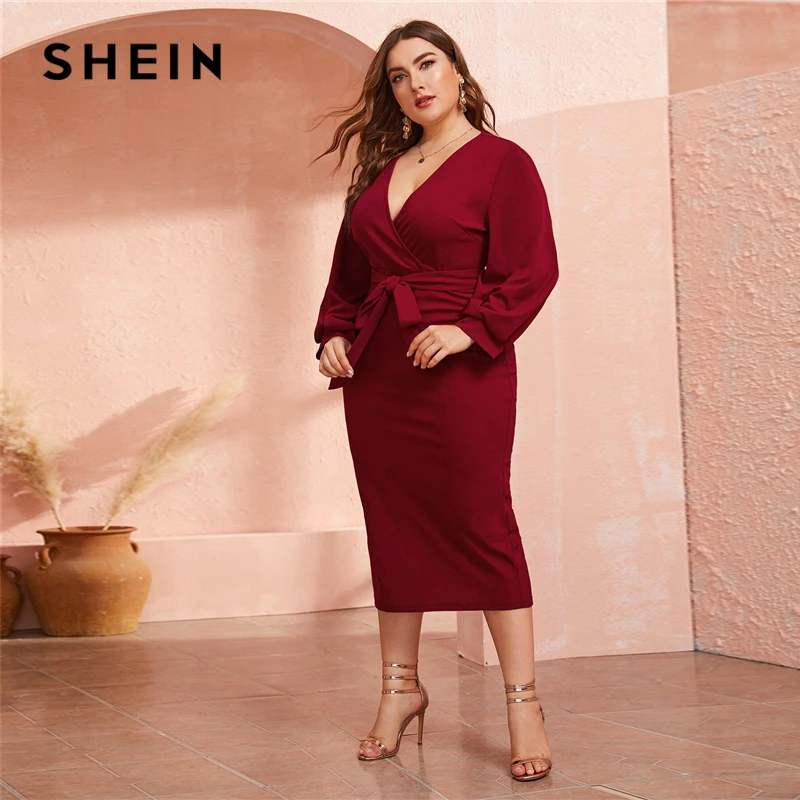 SHEIN плюс размер бургундское платье-карандаш с поясом, длинное платье, женское осеннее платье с высокой талией, с разрезом, вечерние платья