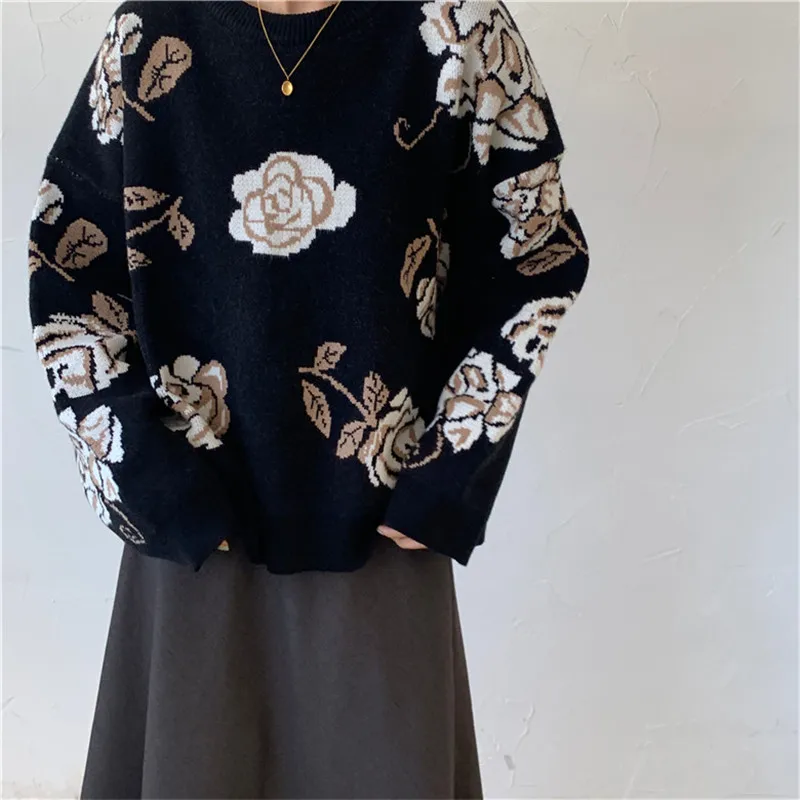 RUGOD, винтажный свитер с цветочным принтом, женская мода, круглый вырез, длинный рукав, вязаный пуловер, Повседневный, свободный, джемпер, Pull Femme