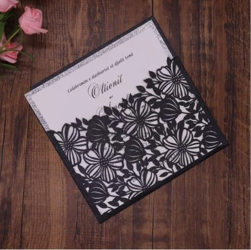 50pcs Laser Cut Wedding Invitations Glitter Lace Hollow Flora Elegant Invites Cards For Marriage - Цвет: Черный