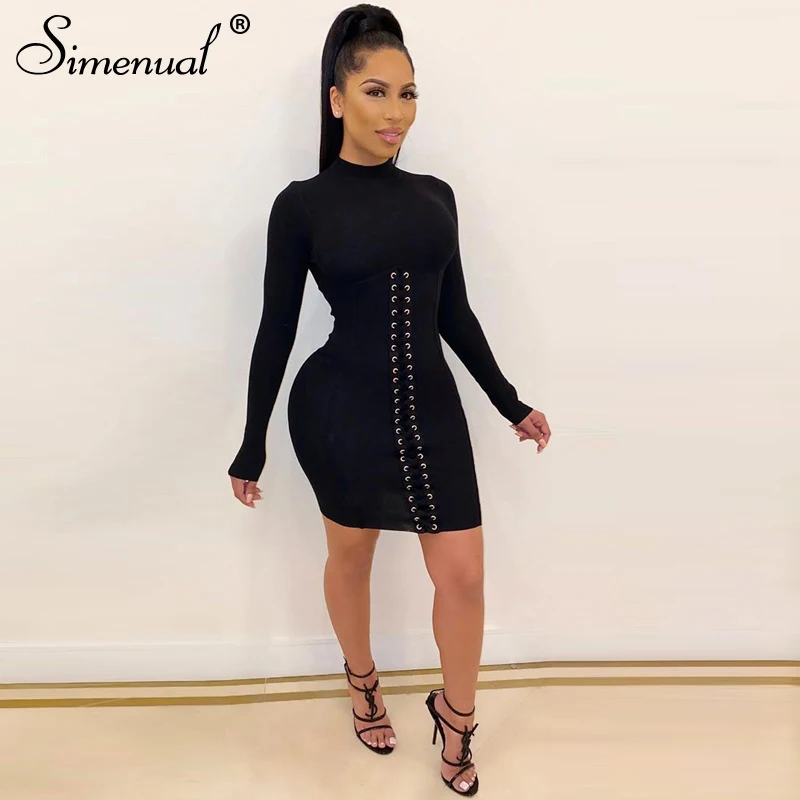 Skup Simenual Fashion jesień z długim rękawem kobiety obcisła sukienka Sexy Skinny 2019 przycisk Mini sukienki solidna szara w stylu basic slim kobiece tkaniny