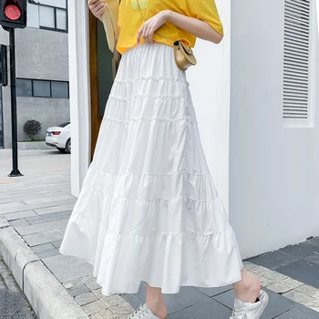 

Korean White Chiffon Long Cake Skirts Women Summer Autumn 2020 Casual A-Line High Waist Elastic Ruffle Skirst Faldas Mujer