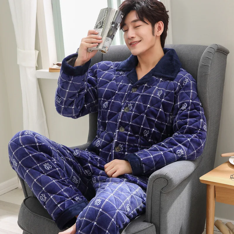 

Men Pajamas Winter Thick Coral Velvet Three Layer Padded plus Velvet Flannel Warm Homewear Set 634