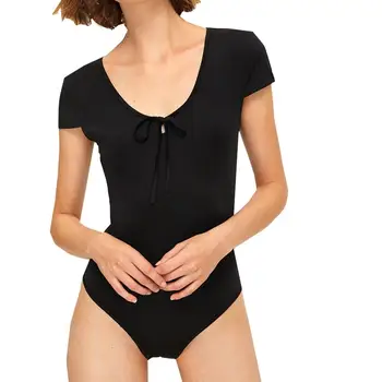 

Lace Up Women Jumpsuits Casual Skinny Short Sleeve O-neck Solid Color Bodysuits Overalls Ropa Mujer 2020 Drop Shipping New Hot E
