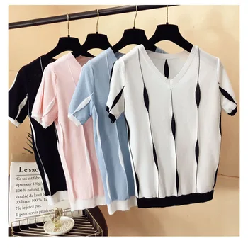 

Striped T Shirt Women Striped Tshirt Knitted 2020 Korean T-Shirt Woman Clothes Tee Shirt Femme Camisetas Mujer