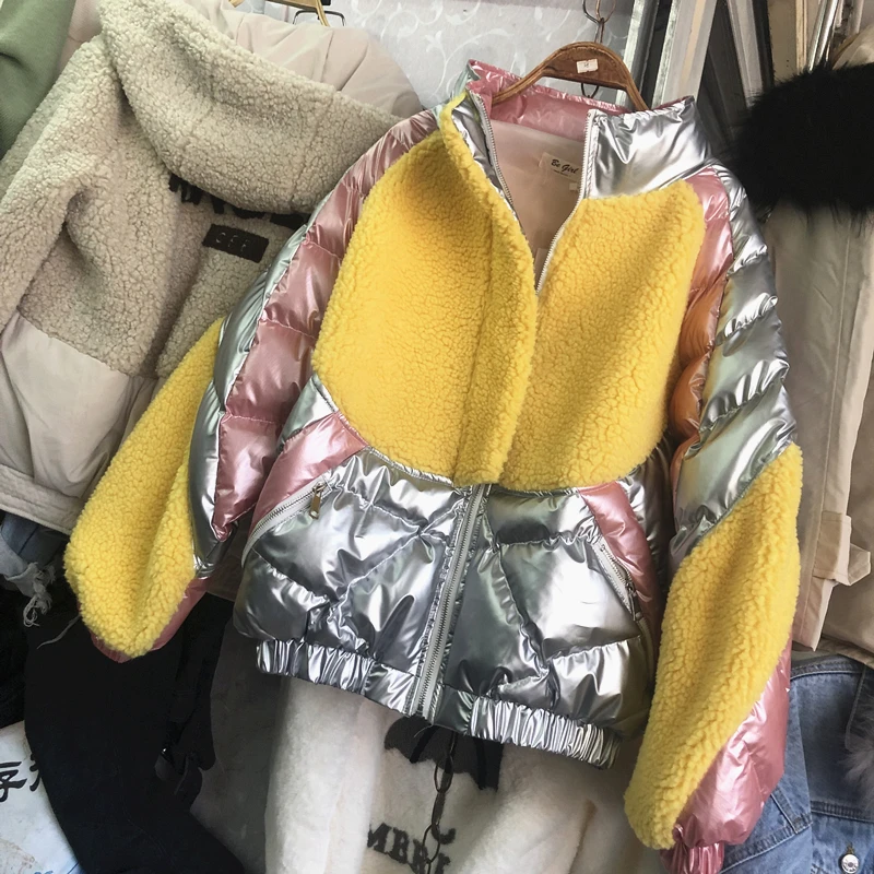 

Warm Bread Coat Women Winter Coats New Colour Collision Stitching Lamb Down Clothes Short Baseball Coat Girl Lady Loose Parka