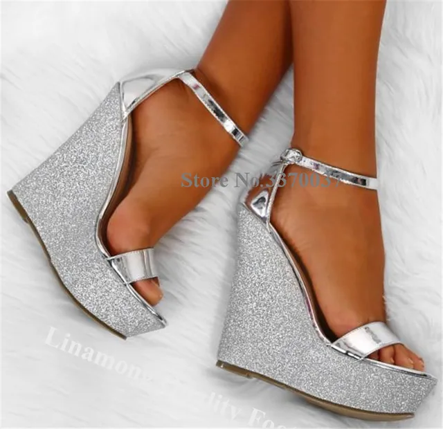 Linamong Bling Bling Silver Sequined Open Toe High Platform Wedge Sandals  One Strap Super High Wedges Formal Wedding Dress Shoes - Women's Sandals -  AliExpress